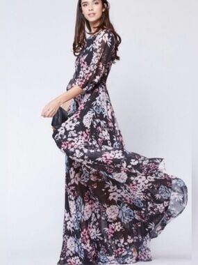 Yumi Kim Black Floral Maxi Dress with Pink & Blue Blossoms